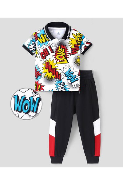 Ollington St. Ollington St. 100% Cotton Half Sleeve Polo T-Shirt & Lounge Pants With All Over Print -White & Black
