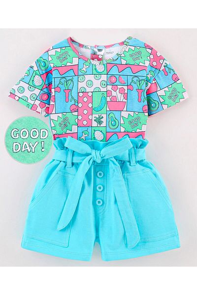 Ollington St. Ollington St. 100% Cotton Floral Printed Top & Paperbag Shorts with Self Fabric Belt - Blue