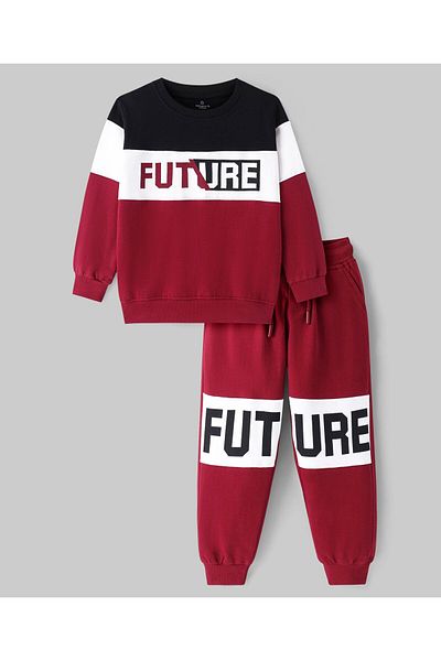 Ollington St. Ollington St. 100% Cotton Knit Full Sleeves Sweatshirt & Joggers Set With Text Print - Red
