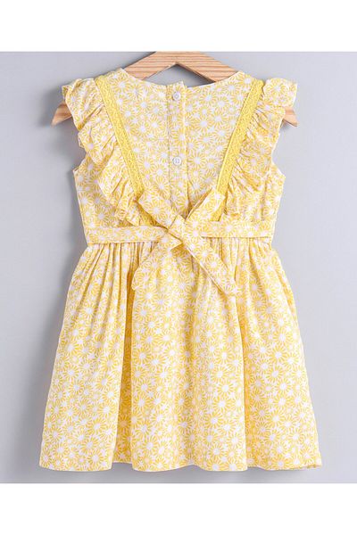 Babyoye Babyoye Cotton Sleeveless All Over Printed Frock With Bow Applique - Yellow