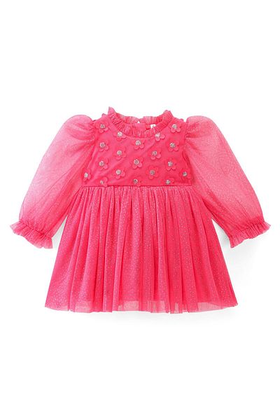 Babyhug Babyhug Full Sleeves 3D Applique Yoke with Glitter Flare Party Frock with Bow Applique - Hot Pink