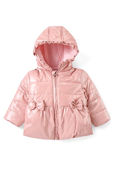 Babyhug Babyhug Woven Full Sleeves Front Open Padded Hooded Jacket with Bow Applique - Pink
