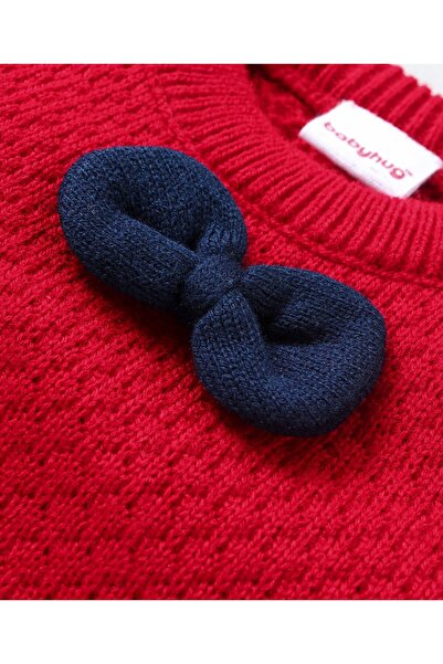 Babyhug Babyhug Knitted Full Sleeves Color Block Pullovers Sweater Bow Applique - Red