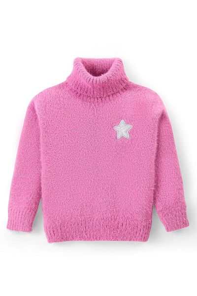 Babyhug Babyhug Knit Full Sleeves Solid Colour Turtleneck Sweater with Star Applique - Pink