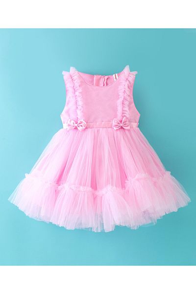 Babyhug Babyhug Sleeveless Mesh Party Frock with Bow Applique - Pink