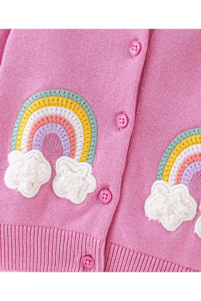 Bonfino Bonfino 100% Cotton Knit Full Sleeve Hooded Cardigan Sherpa Lining Cloud Rainbow Embroidery-Pink