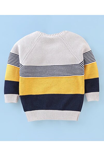 Babyhug Babyhug Knit Full Sleeves Sweater Stripes Design With Tiger Patch- White Yellow & Blue