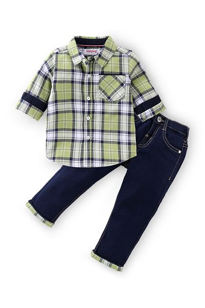 Babyhug Babyhug 100% Cotton Knit Full Sleeves Shirt & Jeans Checkered - Green & Blue