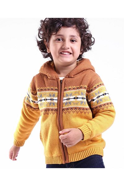 Babyhug سترة محبوكة بأكمام طويلة بتصميم Argyle - الخردل والبني