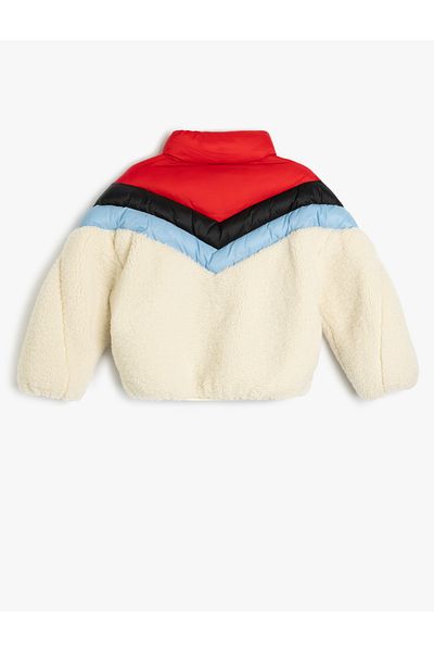 Koton Plush Jacket with Stand Collar Pockets - Zippered Fabric Detail
