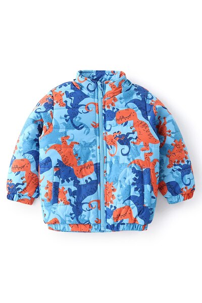 Babyhug Babyhug Woven Full Sleeves Jacket With Detachable Hood Dino Print - Orange & Blue