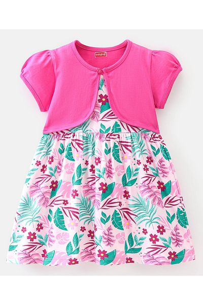 Babyhug Babyhug Cotton Floral Printed Frock with Full Sleeve Shrug - Pink