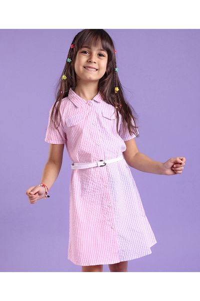 Babyhug Babyhug Rayon Half Sleeves Striped Shirt Dress - Pink & Purple