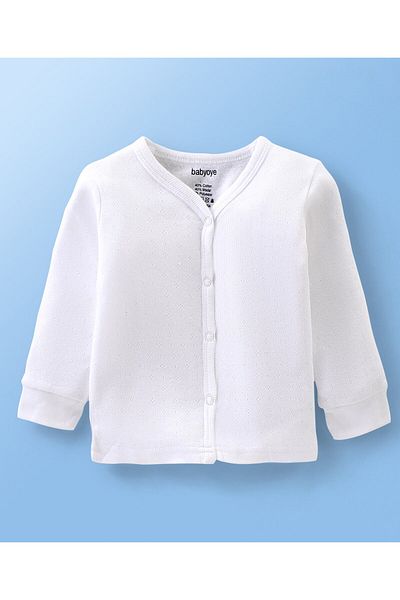 Babyoye Babyoye Cotton Knit Full Sleeves Ponytail Solid Front Open Thermal Vest & Pajama - White