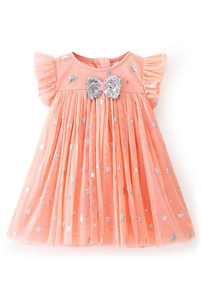 Babyhug Babyhug Sleeveless Party Frock Foil Star Print & Sequine Detailing - Coral