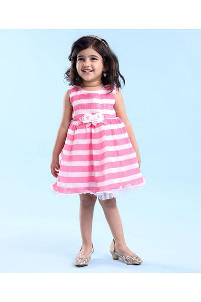Babyhug Babyhug Woven Sleeveless Pleated Satin Party Frock with Floral Applique - White Pink