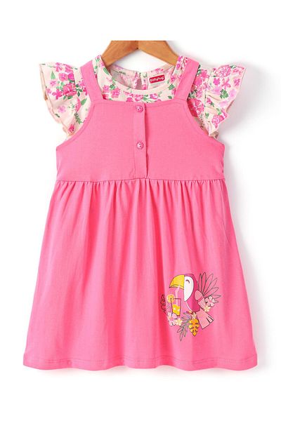 Babyhug Babyhug Cotton Knit Floral Printed Frock with Short Sleeves Tee - Pink