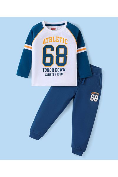 Babyhug Babyhug Cotton Knit Raglan Sleeves T-Shirt & Lounge Pants Set With Varsity Theme Print - Multicolor