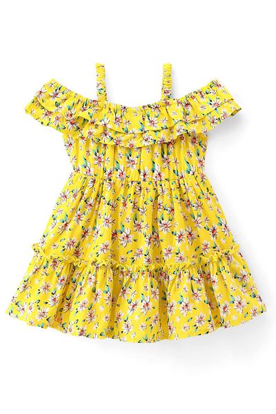 Babyhug Babyhug Viscose Half Sleeves Frock With Cotton Lining & Floral Embroidery - Yellow