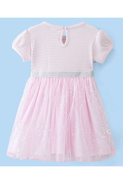 Babyhug Babyhug Cotton Knit Half Sleeves Frock With Floral Applique Print - Pink