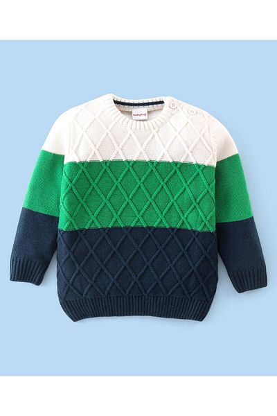 Babyhug Babyhug Knitted Full Sleeves Sweater With Cable Knit Design - Green White & Blue