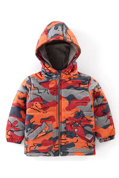 Babyhug Babyhug Full Sleeves Hooded & Padded Jacket Camo Print- Orange Red & Grey