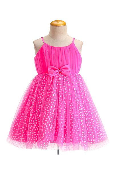 Babyhug Babyhug Sleeveless Shimmery Party Frock with Bow Applique - Hot Pink