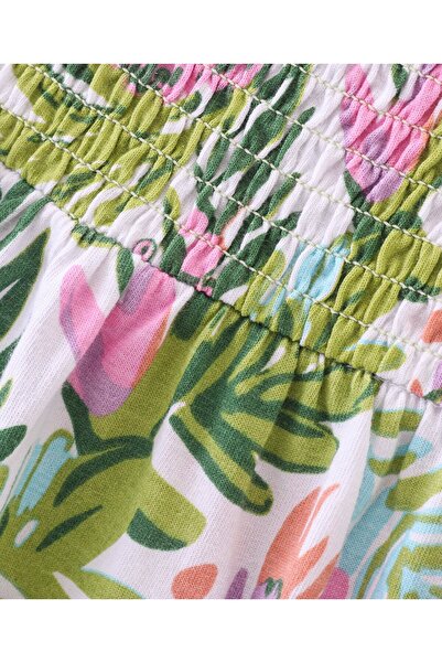 Babyhug Babyhug Cotton Knit Sleeveless Leaves Printed & Smocking Detailed Top - Multicolour