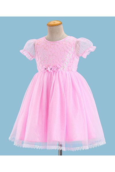 Babyhug Babyhug Puffed Sleeves Sequinned & Corsage Detailing Party Frock - Pink