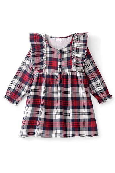 Babyhug Babyhug Yarn Dyed Checks Full Sleeves Dress With Frill Detailing - Red