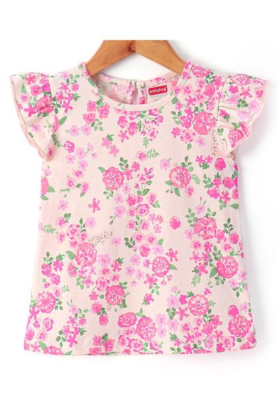 Babyhug Babyhug Cotton Knit Floral Printed Frock with Short Sleeves Tee - Pink