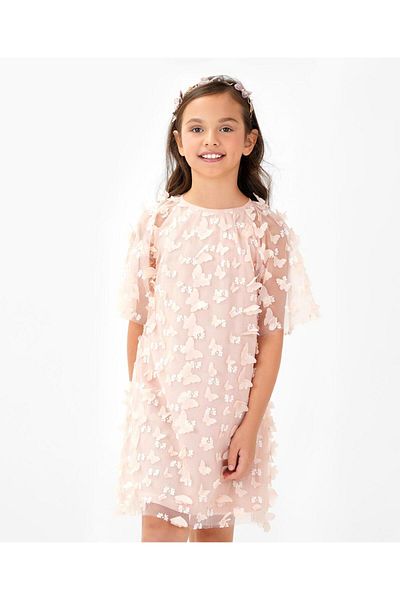 Primo Gino Primo Gino 3D Butterfly Embellished A Line Raglan Sleeve Party Wear Dress -Peach