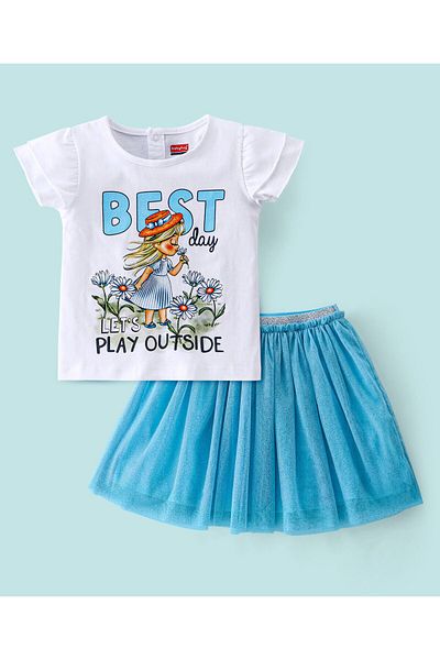 Babyhug Babyhug 100% Cotton Half Sleeves Top and Skirt Text Printed - White & Blue