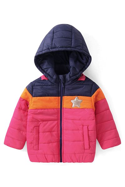 Babyhug Babyhug Woven Full Sleeve Padded Hooded Jacket Colour Block Design & Patch -Pink & Navy Blue
