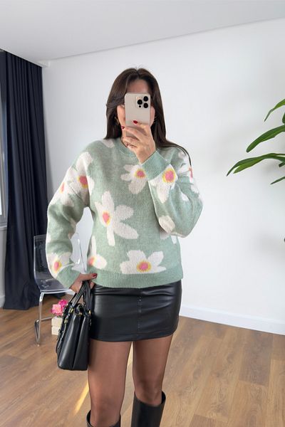 BİRCANÇİL Pane Ecru Green Floral Patterned Knitwear