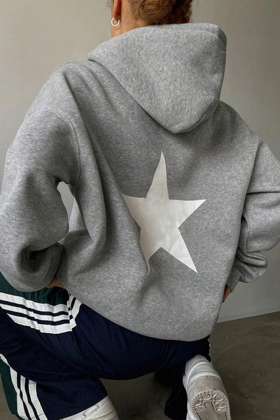 FECCY Pamuklu Unisex Gri Sırt Yıldız Baskılı Kapüşonlu Oversize Sweatshirt