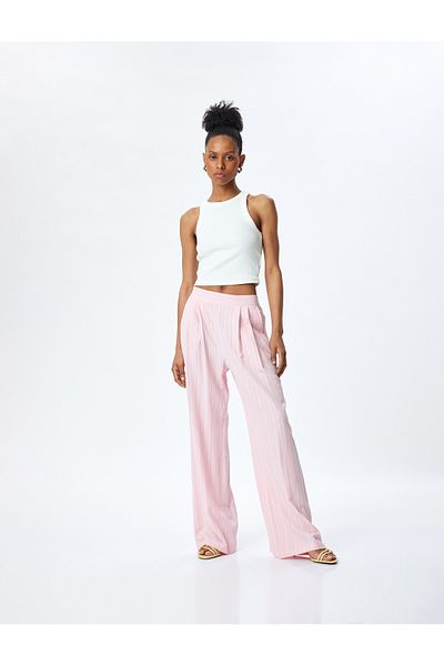 Koton Textured High Waist Wide Leg Pants with Viscose Blend Pockets