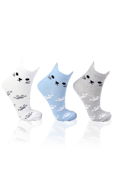 Rays 1105 Three-Dimensional Cat 3-Piece Booties Socks White-Grey-Blue