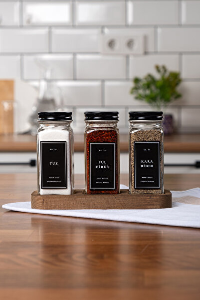 Mienda Home Ahşap Stantlı 3'lü Cam Tuzluk Biberlik Siyah