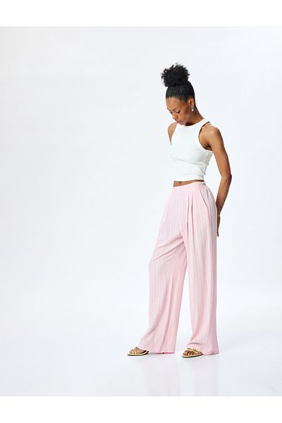 Koton Textured High Waist Wide Leg Pants with Viscose Blend Pockets