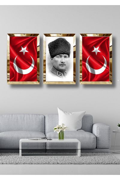 NT Handmade 3-Piece Gold Plexi Mirrored Nature Painting Set Ataturk Turkish Flag