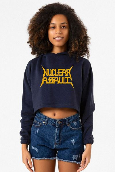 Tshirthane Nuclear Assault Letter Navy Blue Women's Crop Hoodie
