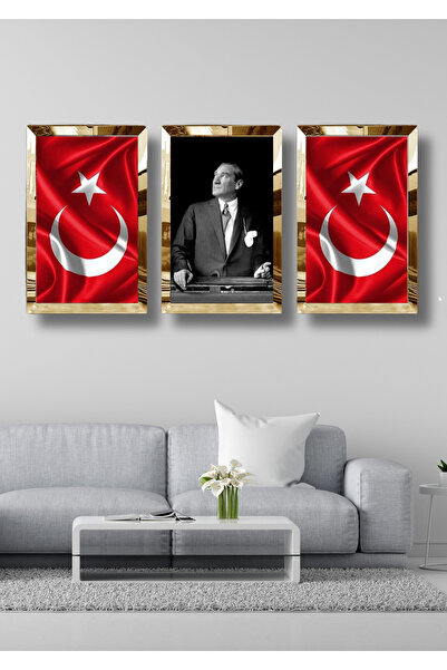 NT Handmade 3-Piece Gold Plexi Mirrored Table Set Ataturk and Turkish Flag