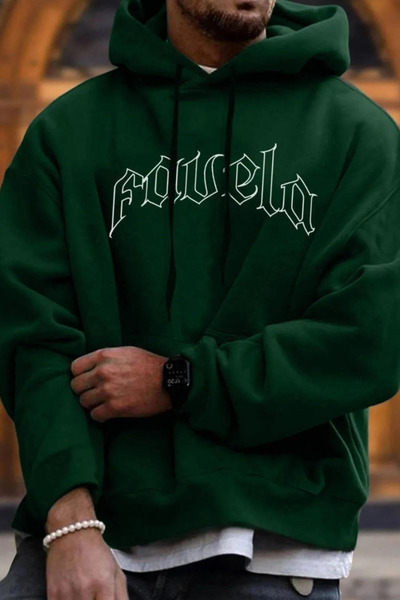 FECCY Hanorac oversize cu glugă, unisex, negru, din bumbac, cu imprimeu Favela