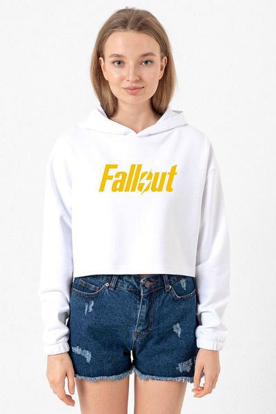 Tshirthane White Optical Fallout Letter Women's Crop Hoodie