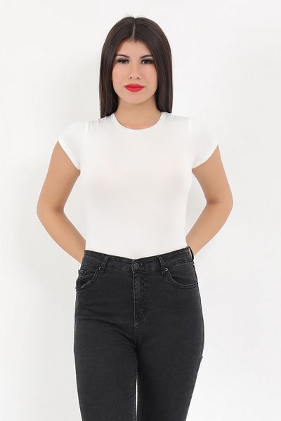 GİYSA Women's Ecru Crew Neck Short Sleeve Stretchy Snap Bodysuit - 2419