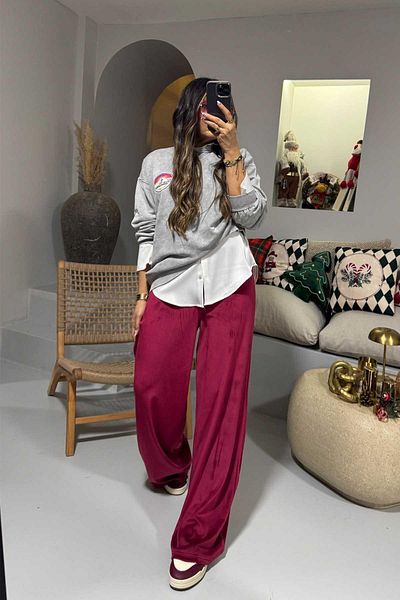Sohotique By P Cherry Colored Velvet Wide Leg Trousers