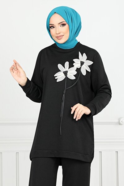 ModaMerve Costum din două piese cu flori negre - 796OZR1047-M