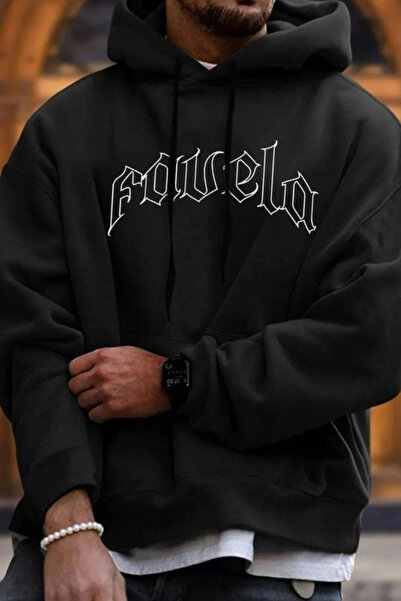 FECCY Hanorac oversize cu glugă, unisex, negru, din bumbac, cu imprimeu Favela