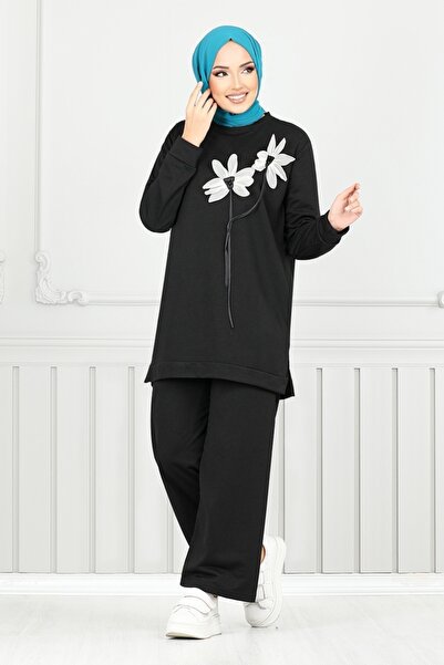 ModaMerve Costum din două piese cu flori negre - 796OZR1047-M